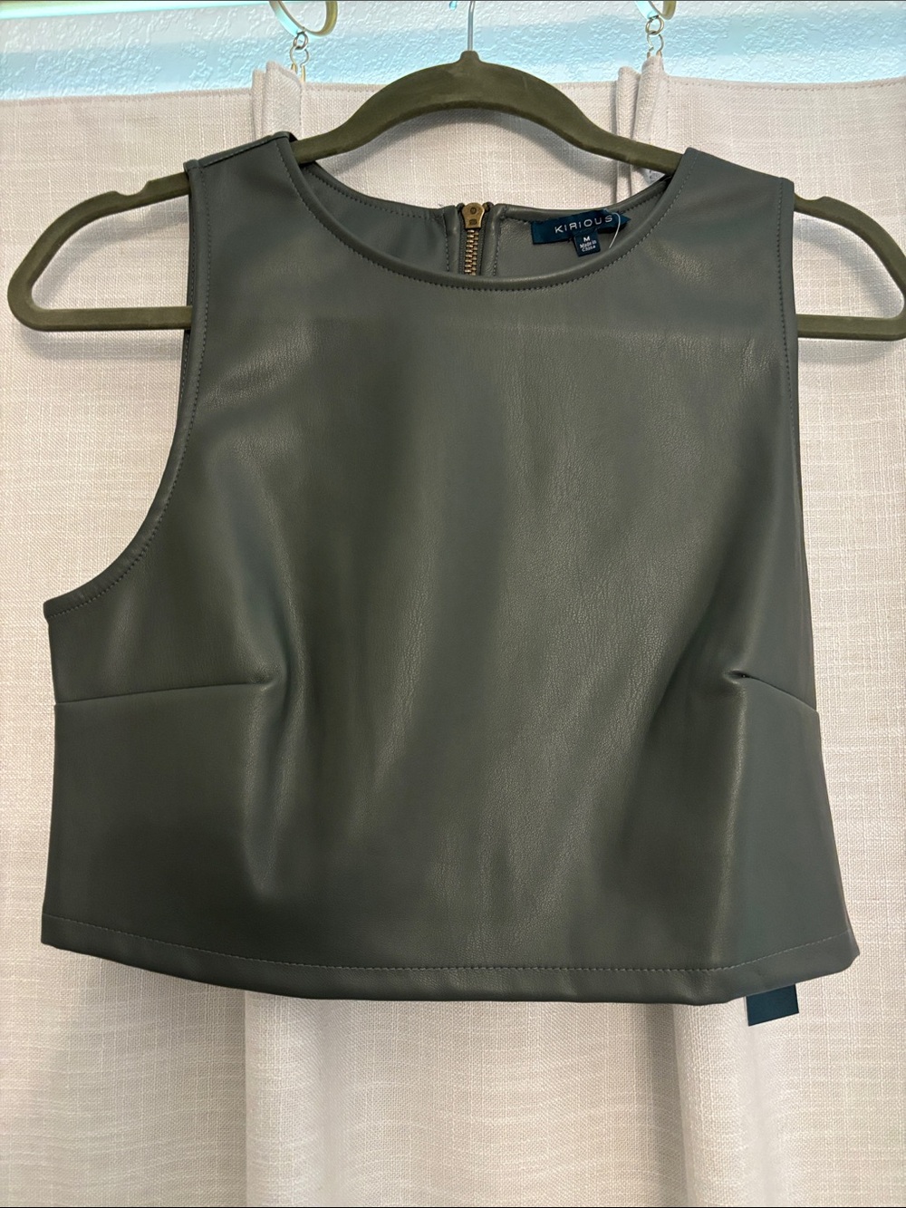 Green Faux Leather Sleeveless Crop Top, Medium